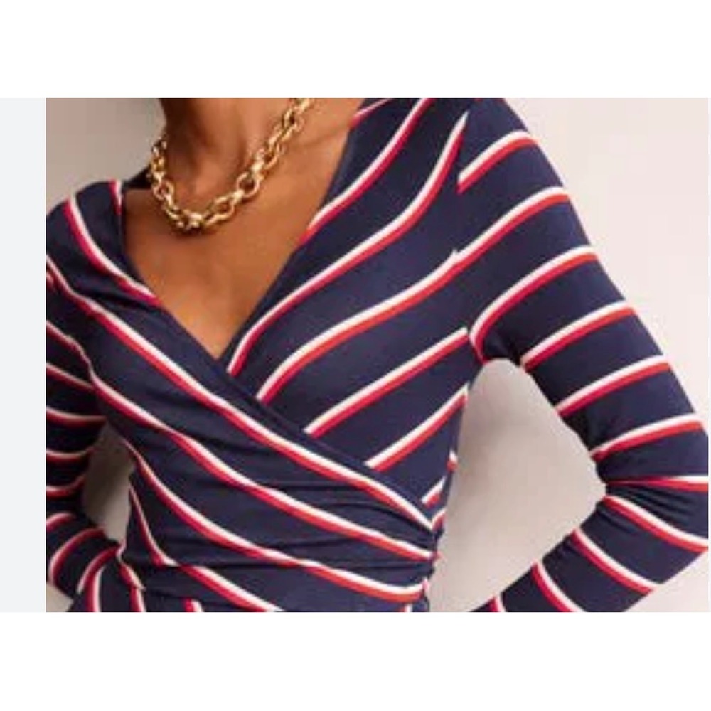 Boden Navy Blue Red Striped Faux Wrap V-Neck Long Sleeve Top Size US 10 T1540